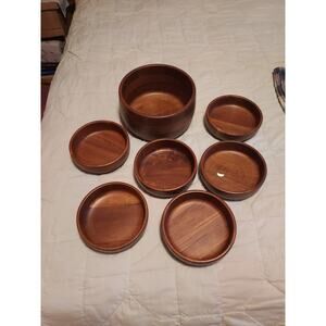 Vintage Kustom Kraft Solid Black Walnut MCM USA made 1 large 6 small Salad bowl